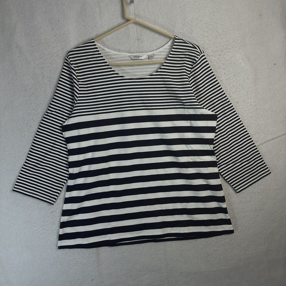 Liz Claiborne Women Large White Blue Striped Long Sleeve Scoop Neck 100% Cotton